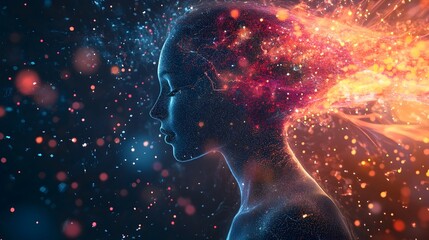 Poster - Virtual Twin Learning and Adapting A digital twin of a person surrounded by floating data points continuously learning and adapting to new information and insights to drive innovation and growth