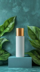 Wall Mural - A bottle of lotion is displayed on a green background with leaves