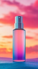 Wall Mural - A bottle of perfume is sitting on a table in front of a beautiful sunset