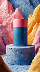 Wall Mural - A blue and pink container with a pink lid sits on a blue pedestal