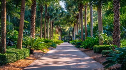 Wall Mural - A scenic alley in Harry P Leu gardens  variety of palm trees on both sides of the alley selective focus : Generative AI