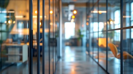 Poster - A blurry view of a modern office space through glass doors Soft background : Generative AI