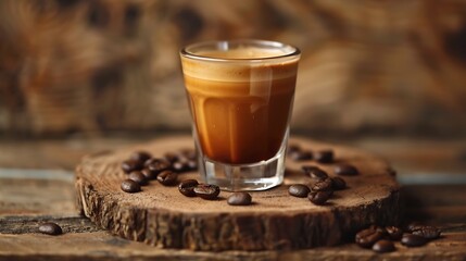 Aufkleber - Espresso coffee glass cup on a brown background Coffee cup and roasted coffee beans on a old wooden board Copy space : Generative AI