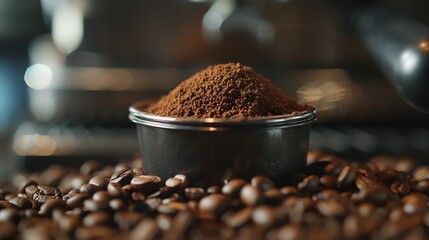 Poster - Tamped puck of coffee grounds within basket of portafilter and coffee beans spilled around in a dark and moody scene of natural light : Generative AI