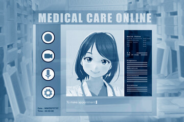 Cartoon image of a female doctor providing medical consultation via an online.