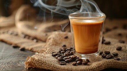 Wall Mural - Cup glass of coffee with smoke and coffee beans and coffee capsules on burlap sack on old wooden background : Generative AI