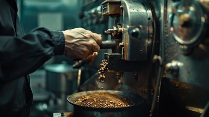 The master controls the coffee roasting in a professional coffee roasting machine Closeup : Generative AI