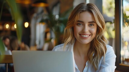 Poster - Young smiling confident happy successful employee IT business woman wears white shirt casual clothes hold use work on laptop pc computer surfing internet sit at office desk Achievement : Generative AI
