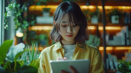 Fototapete - Tablet employees and talk on sales in office website and research for planning online Business people teamwork and support on feedback for kpi target report and speaking for unity on i : Generative AI