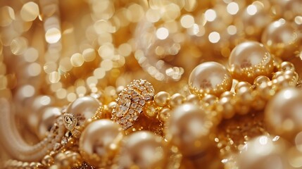 Lots of golden luxury jewelry on a golden background Pawnshop or jewelry trade concept : Generative AI