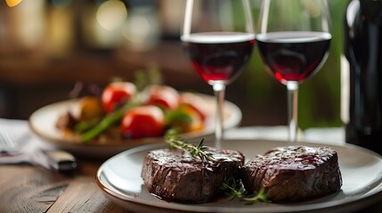 Poster - table setting with plate of beef with glasses of red wine : Generative AI