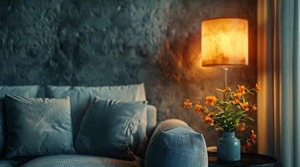 Wall Mural - Grey stone wall with sofa and curtain decor vase of plant orange lamp style home design : Generative AI