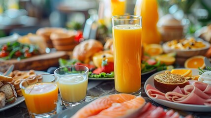 Wall Mural - Brunch or lunch in luxury restaurant Table full of delicious food  cheese salmon ham bakery and juices Buffet food in hotel Morning food with various snacks and appetizers : Generative AI