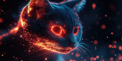 Canvas Print - A Close-Up of a Black Cat's Face with Red Glowing Eyes and Fur