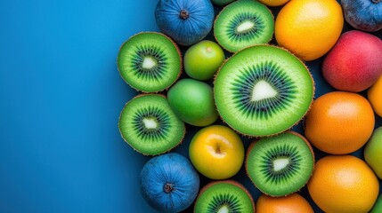 Vibrant assortment of fresh fruits including kiwi, apple, orange, and blueberry on a turquoise background, perfect for healthy eating.