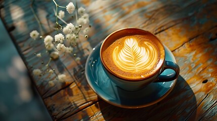 Aufkleber - Top view of hot coffee latte art on wood table : Generative AI