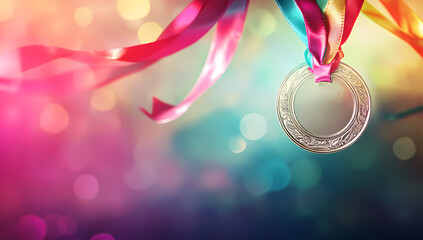 Wall Mural - Silver medal with vibrant ribbons on an abstract light backdrop