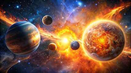 Wall Mural - cosmic collision of celestial bodies with fiery energy bursts and dynamic planetary interactions, co