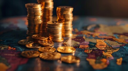 Aufkleber - Creative growing forex chart and stacked golden coins on dark background with map Trade growing income and stock concept Double exposure : Generative AI