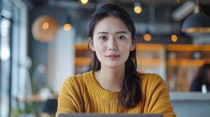 Poster - Young asian woman sitting on online business meeting in office talking to laptop camera explaining something : Generative AI