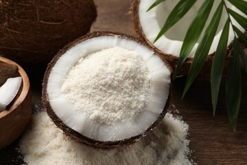 Sticker - Coconut flour, fresh fruits and leaf on wooden table, closeup