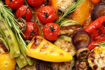 Wall Mural - Delicious grilled vegetables on table, flat lay