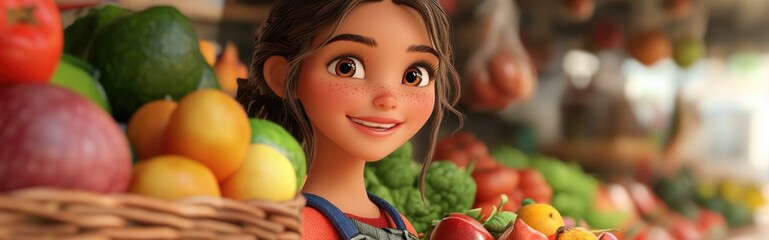 3D Cartoon Portrait of a Girl with a Basket of Colorful Fruits and Vegetables at a Market