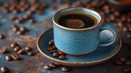 Aufkleber - A cup of aromatic black coffee and coffee beans on the table Morning Coffee Espresso for breakfast in a beautiful blue cup : Generative AI