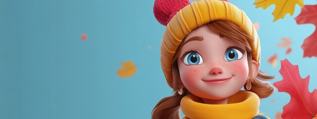 Wall Mural - 3D Cartoon Portrait of a Cheerful Young Girl in Autumn Fashion