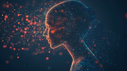 Poster - A digital twin of a person surrounded by floating data points learning and adapting to new information in a futuristic virtual environment  This image represents the concept of digital intelligence