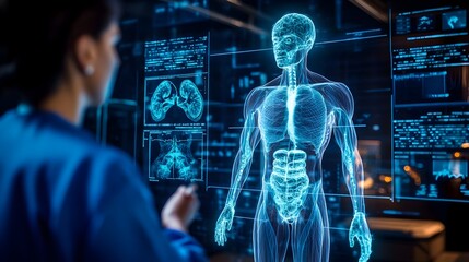 Poster - A digital twin of a human body used by a doctor for diagnostic purposes displayed on an advanced holographic interface  The digital twin allows for detailed analysis examination