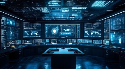 Poster - digital twins monitoring control room for automated systems and machines multiple screens displaying