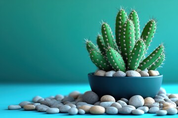 Wall Mural - Close-up of a Green Cactus in a Blue Pot Surrounded by Pebbles on a Turquoise Background