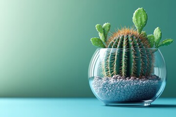 Sticker - Close-up of a Vibrant Green Cactus in a Glass Pot with Pebbles Against a Gradient Green Background