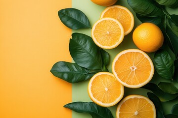 Wall Mural - Fresh Sliced Oranges with Green Leaves on a Colorful Background - Vibrant Citrus Fruit Photography