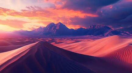 Sunset Over a Desert Landscape with Mountains in the Background