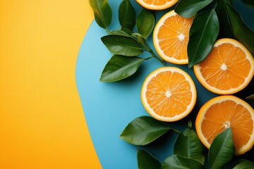 Wall Mural - Fresh Orange Slices with Green Leaves on Vibrant Yellow and Blue Background