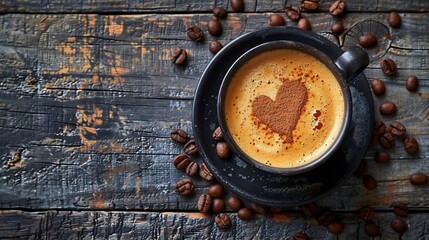 Poster - Cup of coffee latte with heart shape and coffee beans on old wooden background : Generative AI