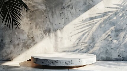 Aufkleber - Natural texture stone background with palm shadow and sunlight Summer tropical product placement podium mockup Brand showroom in empty room with concrete wall and floor : Generative AI