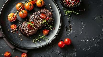 Poster - meal meat food fine cuisine beef elegant black modern restaurant table top view decoration chef gourmet dinner tasty delicious diet : Generative AI