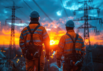 Two utility workers in safety gear stand by power lines at sunset, highlighting teamwork, dedication, and the power industry.