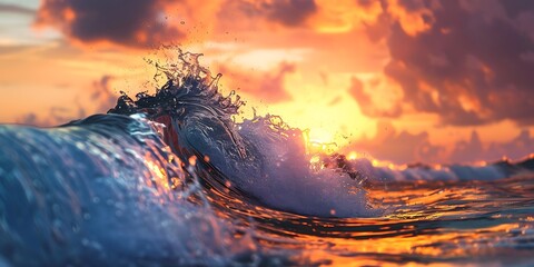 Vibrant sunset colors with clouds and a breaking wave close-up