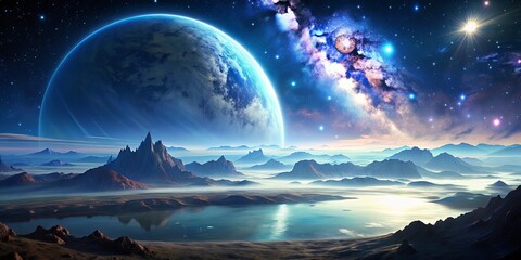Wall Mural - spectacular celestial vertical landscape overlooking a mystical alien world at night, celestial, ver