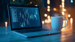 © enterdigital - A cozy workspace featuring a laptop with data analysis, a coffee cup, and soft bokeh lights in the background.