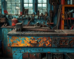 Blacksmith shop, traditional tools, vibrant colors, high detail, rustic