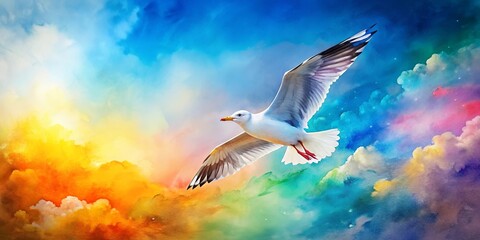 Seagull flying over colorful watercolor background, seagull, bird, flying, abstract, colorful, watercolor, background, ocean