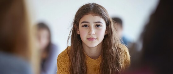 Wall Mural - Young Girl with Long Brown Hair Looking Directly at the Camera