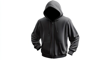 Wall Mural - A black zip-up hoodie with a hood pulled up and a drawstring.