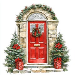 Wall Mural - hand-drawn christmas scene with a red door and festive decorations. ideal for cards, invitations, an