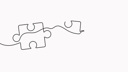 Wall Mural - Two connected puzzles line art video. Animated jigsaw pieces continuous one line drawing.